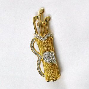 Vintage Golf Bag with Clubs Brooch Pin Gold Tone Setting Clear Rhinestones